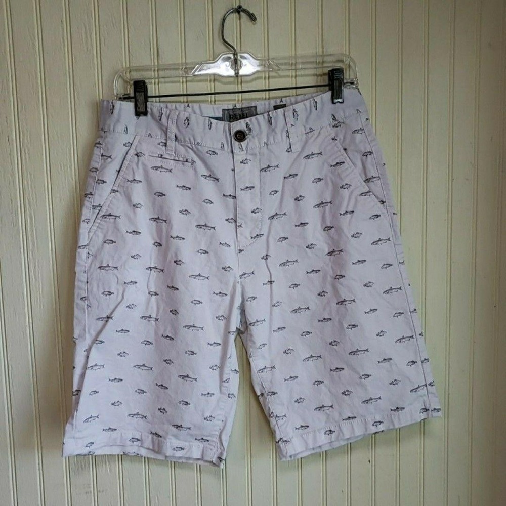 Rebel Jeans Shorts Mens 32 White Fish Print Chino 10 Inseam Nautical Casual